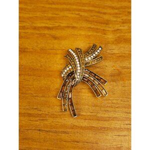 Vintage Gold-Tone Rhinestone Brooch Pin With Intricate Swirl Design & Brown Acce